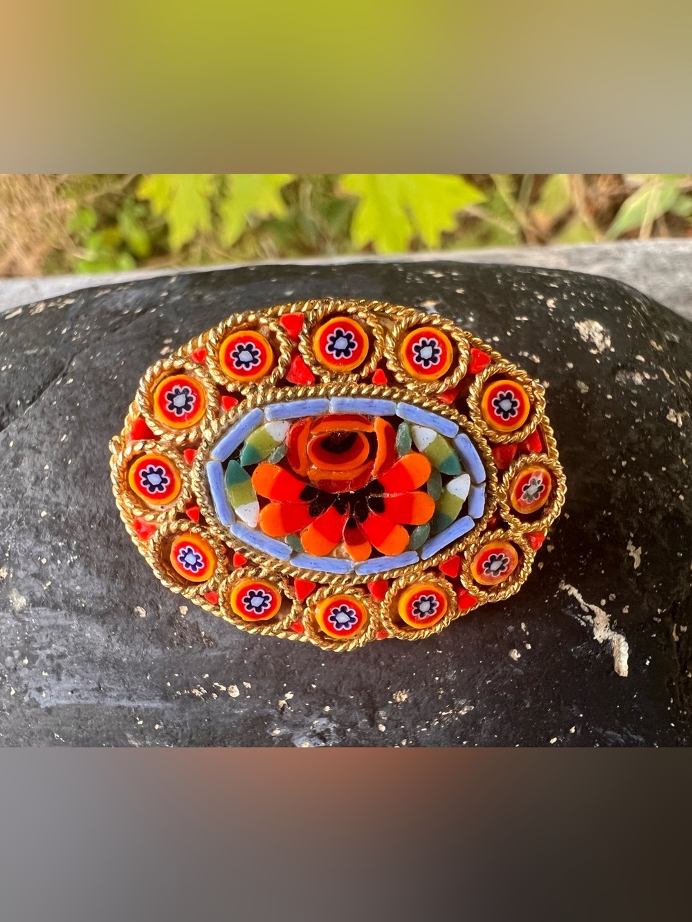 Vintage Micro Mosaic Floral Statement Brooch - Gold & Orange